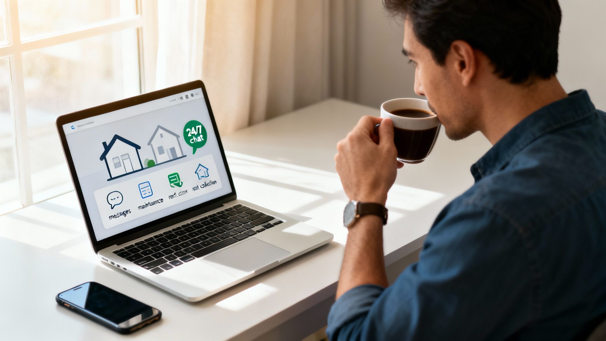 A property manager reviewing legal documents in a professional office setting.