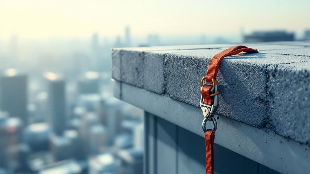A construction worker secured with a personal fall arrest system while working at height.
