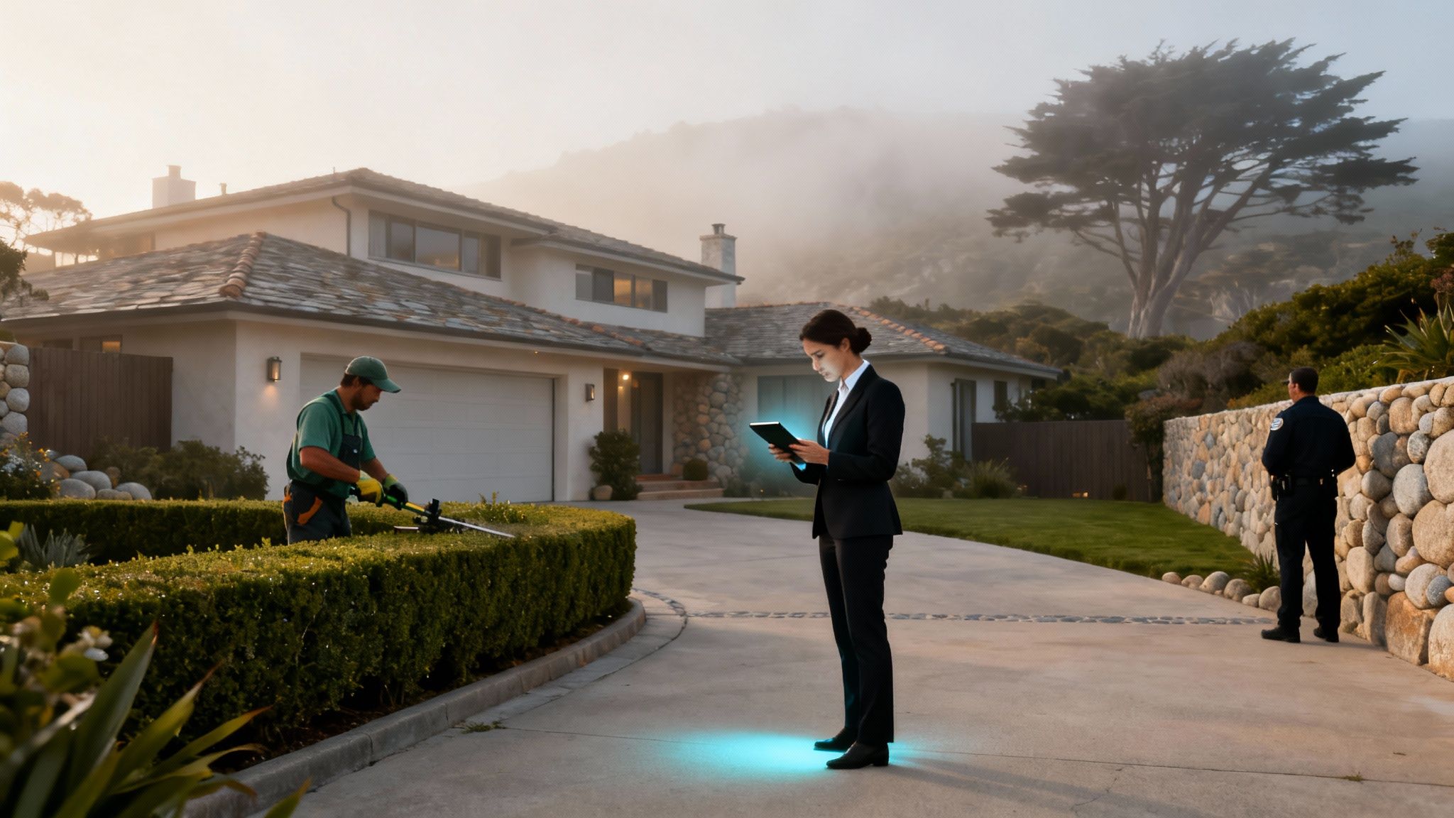 A modern smart home with a professional landscaper, a woman with a glowing tablet, and a security guard.
