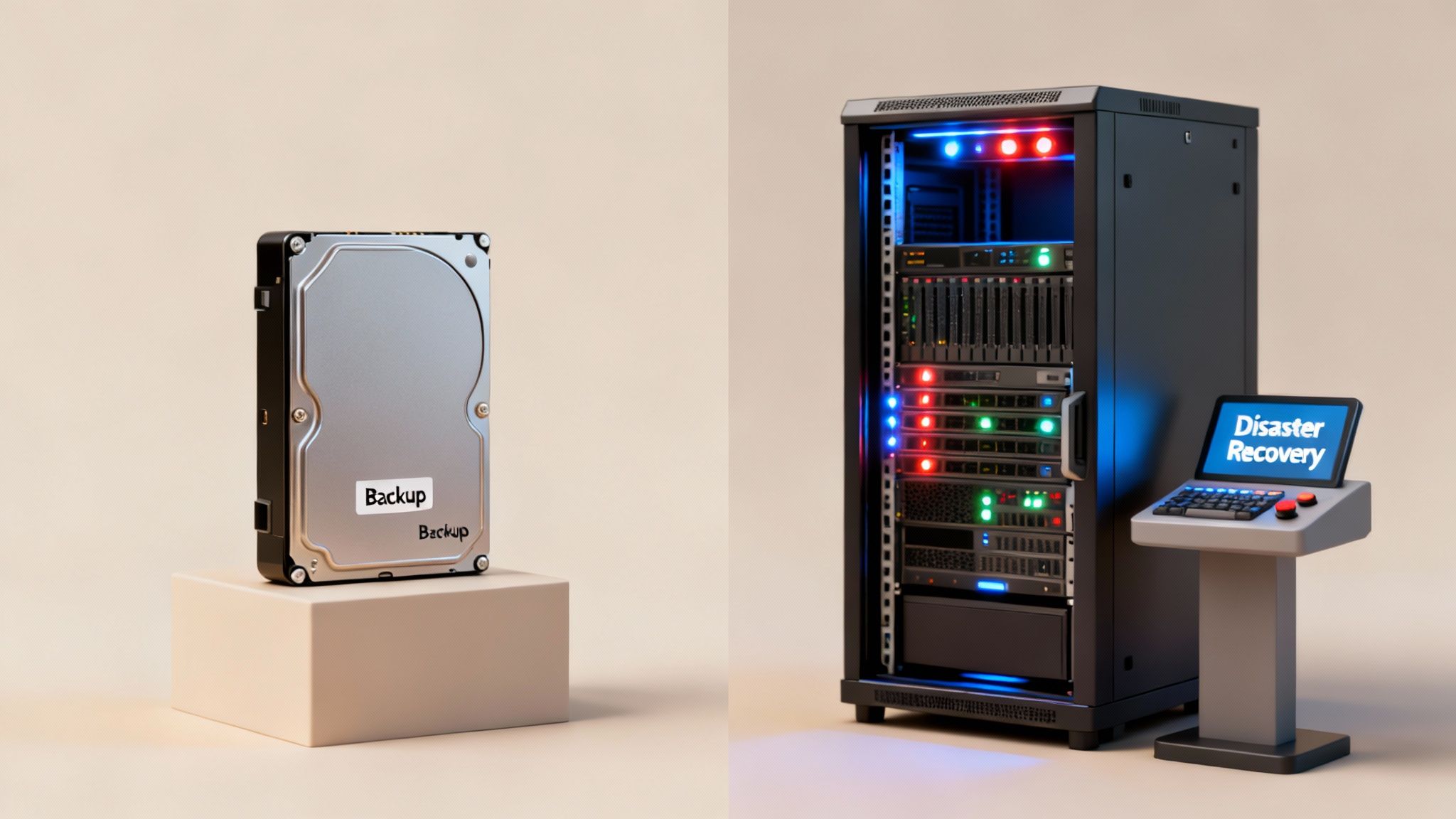 A hard drive labeled 'Backup' and a server rack with a 'Disaster Recovery' control panel.