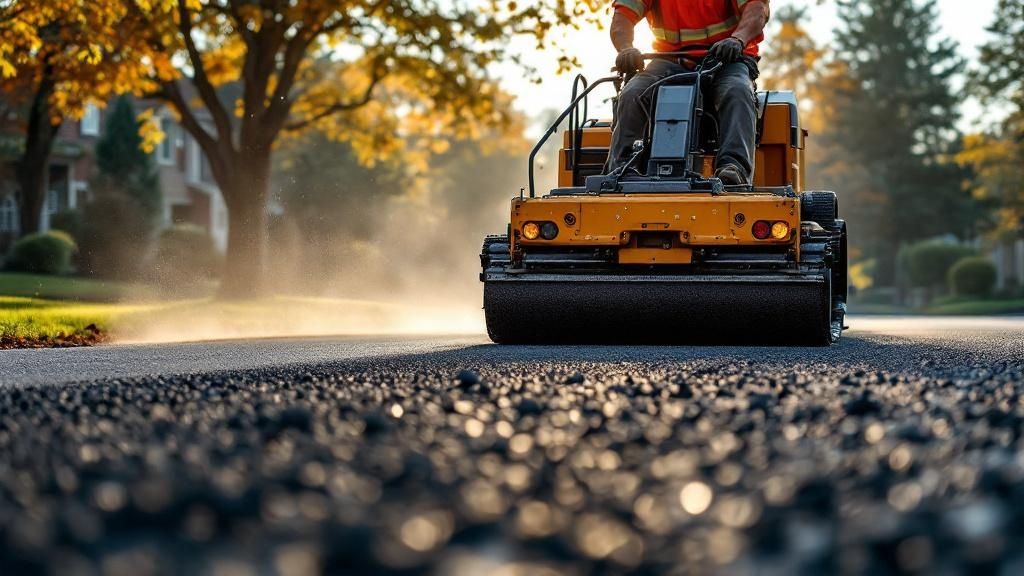 Asphalt paving crew working on a road in a coastal area, with heavy machinery and professional equipment.