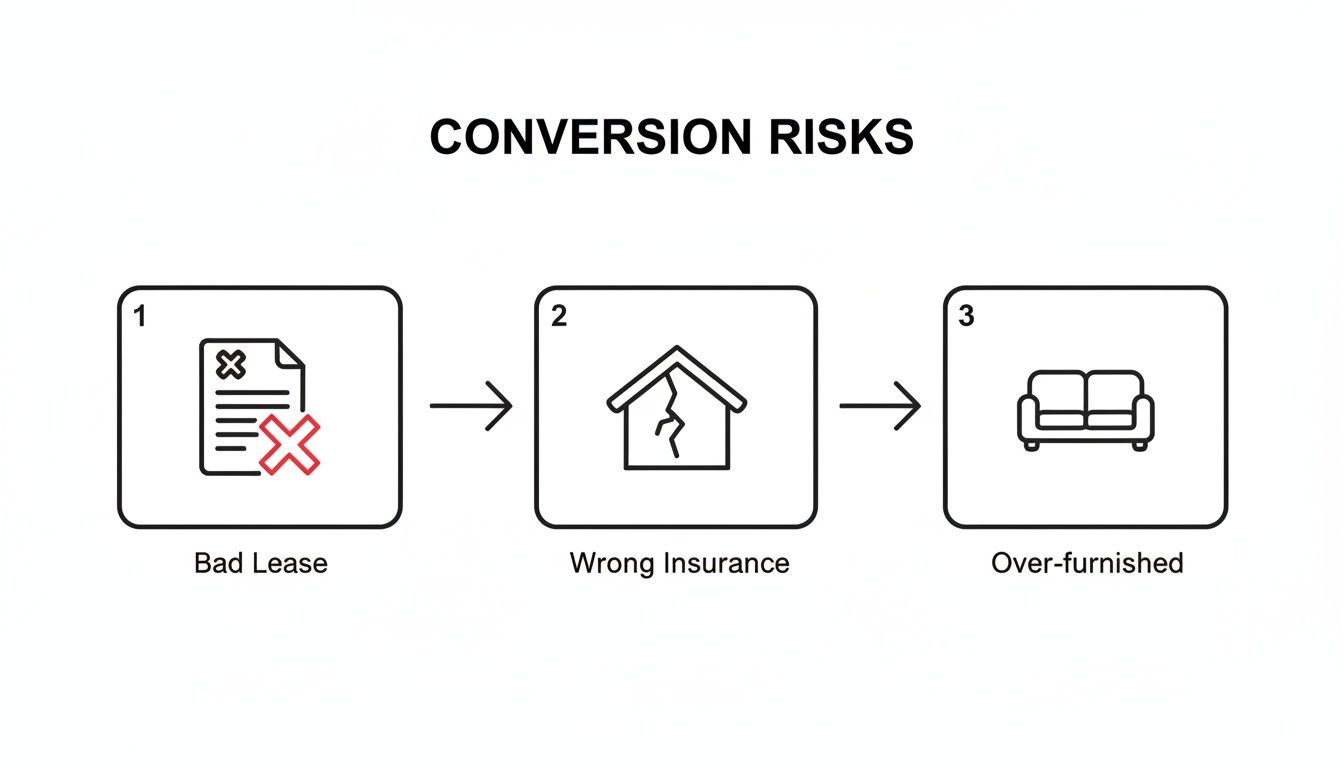 An infographic titled 'Conversion Risks' showing three challenges: Bad Lease, Wrong Insurance, and Over-furnished.