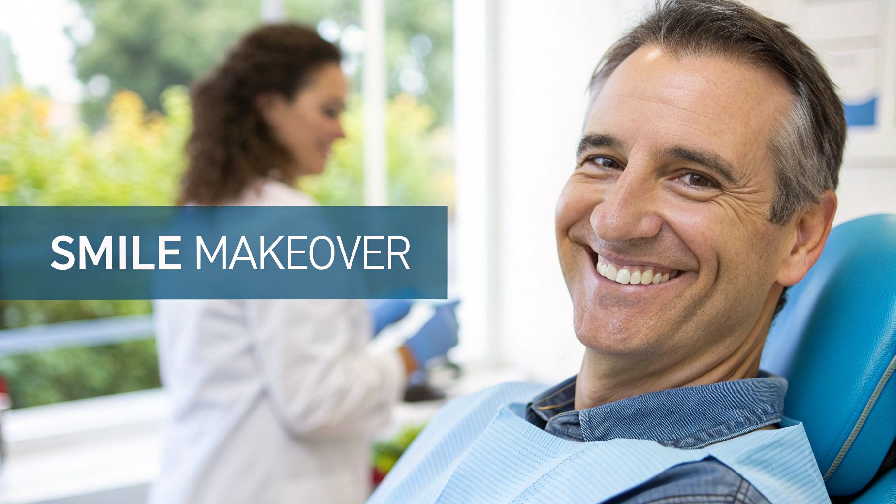 A happy man with a bright smile sits in a dental chair, a dentist in the background.