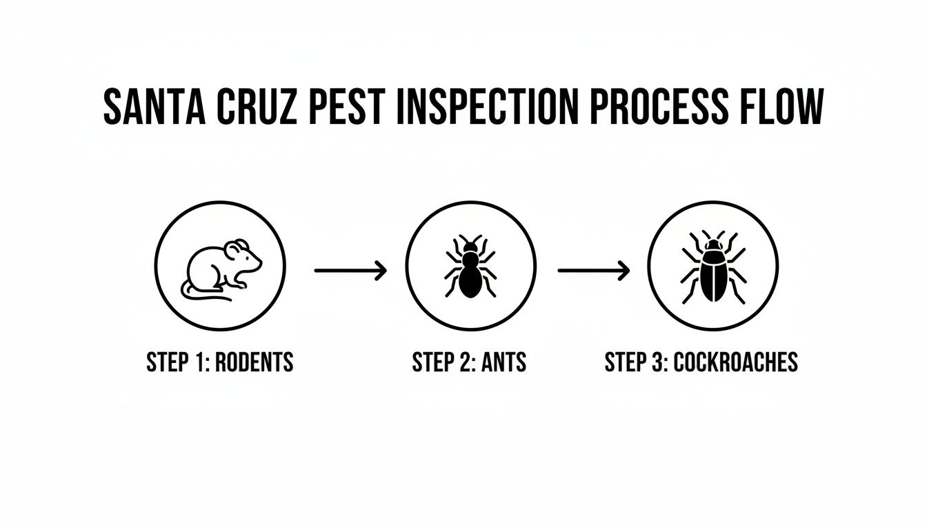 A diagram illustrates the Santa Cruz pest inspection process flow, detailing steps for rodents, ants, and cockroaches.