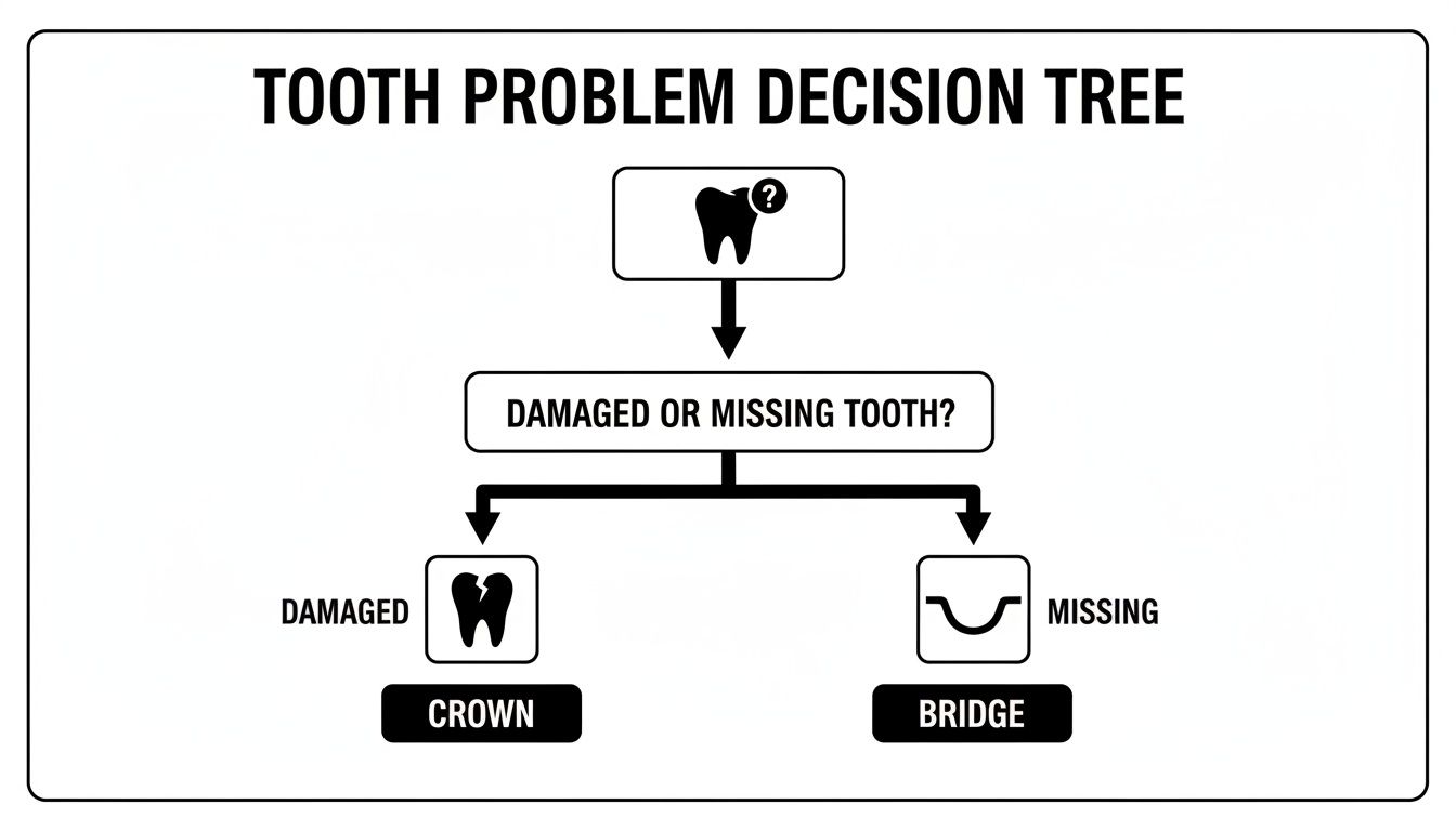 Decision tree diagram for tooth problems: choose a crown for damaged teeth or a bridge for missing teeth.
