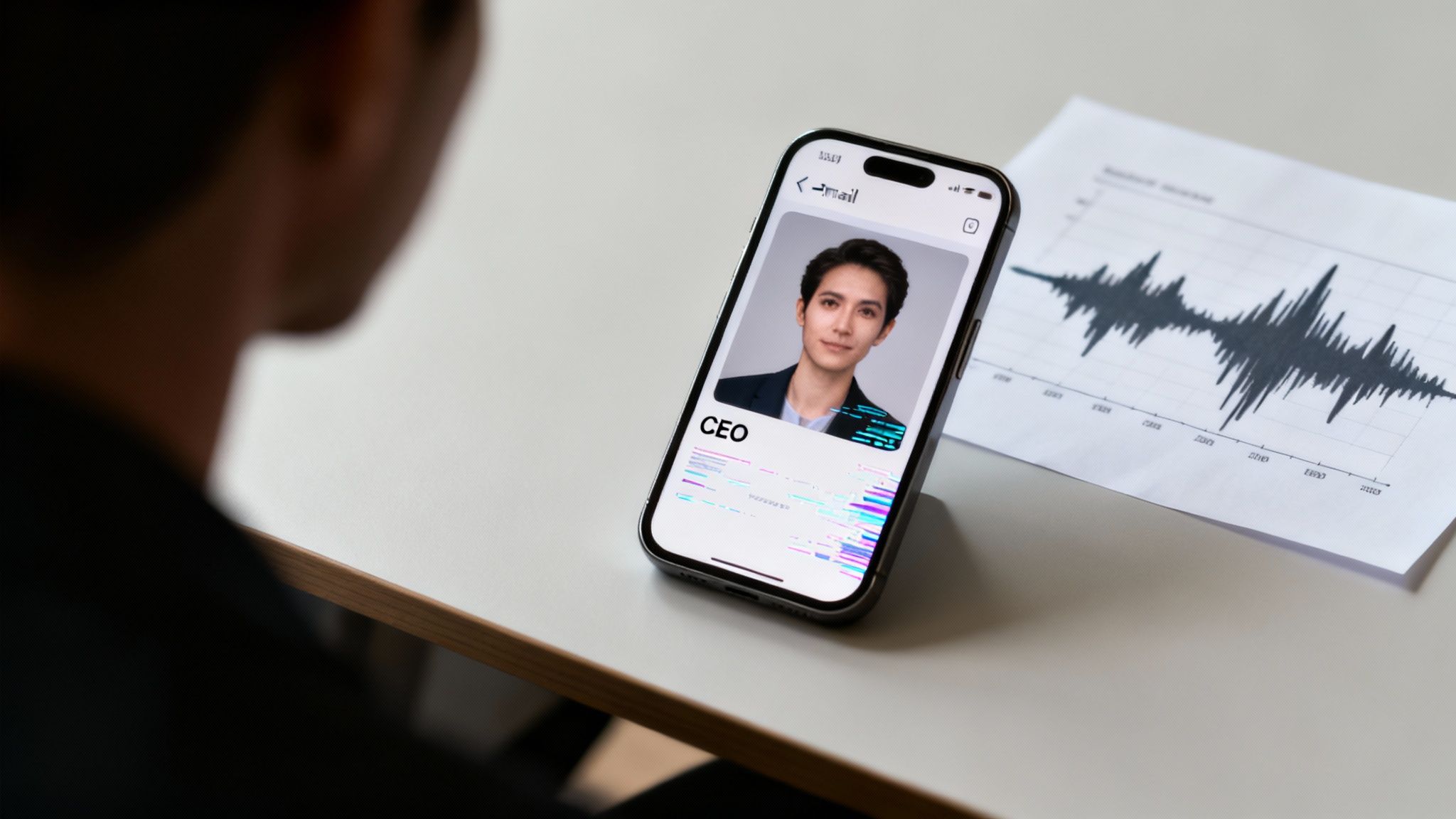 A person views a smartphone displaying a CEO's profile next to a paper graph.