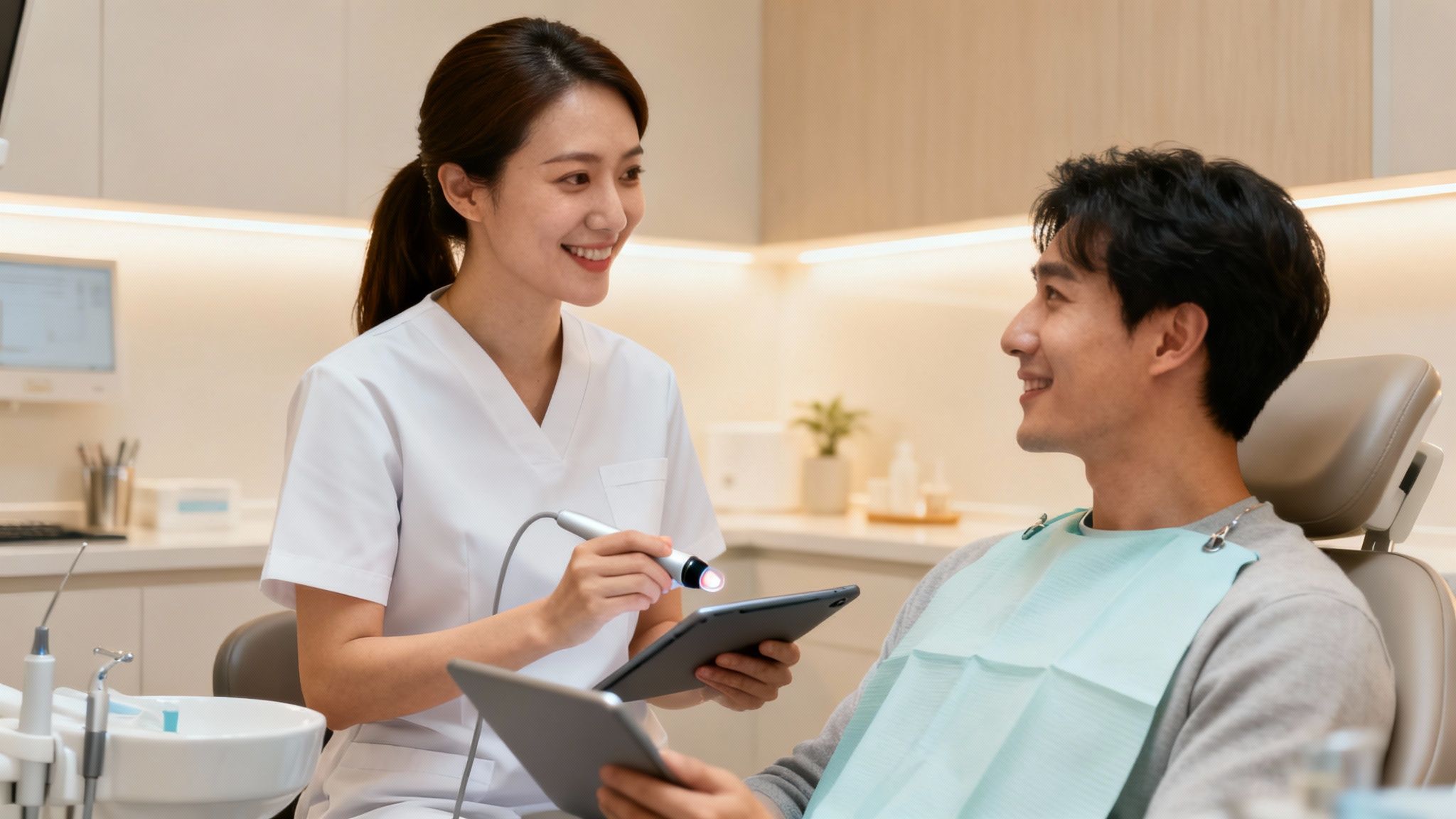A smiling female dentist holds a dental tool and tablet, interacting with a male patient in a dental chair.