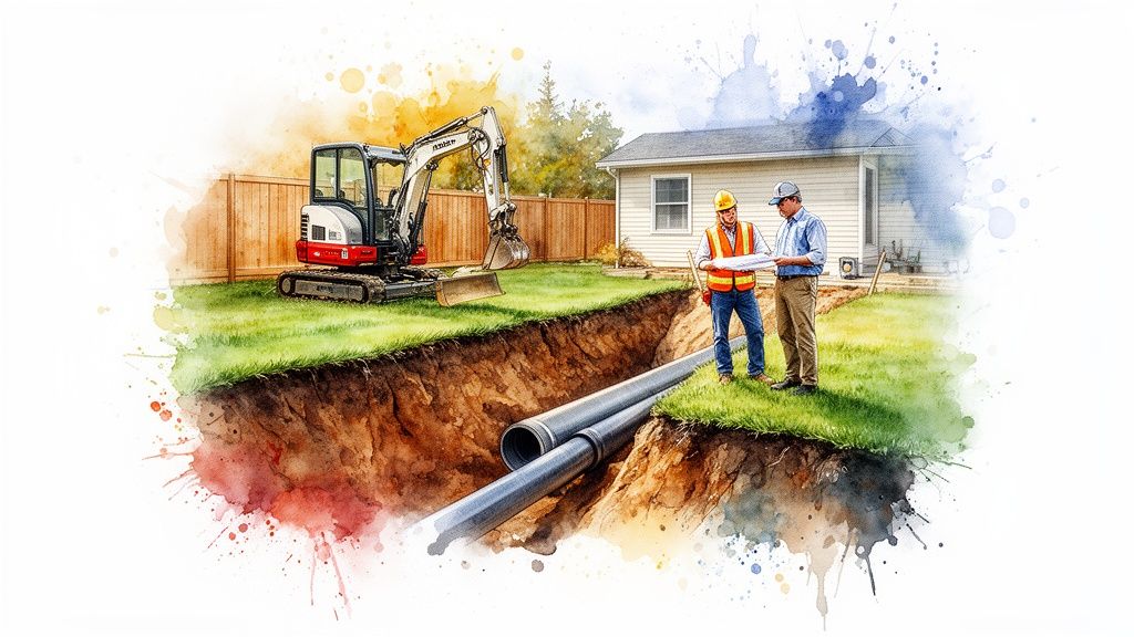 Illustration of engineers discussing trenchless pipe repair plans with an excavator and pipes in a trench.