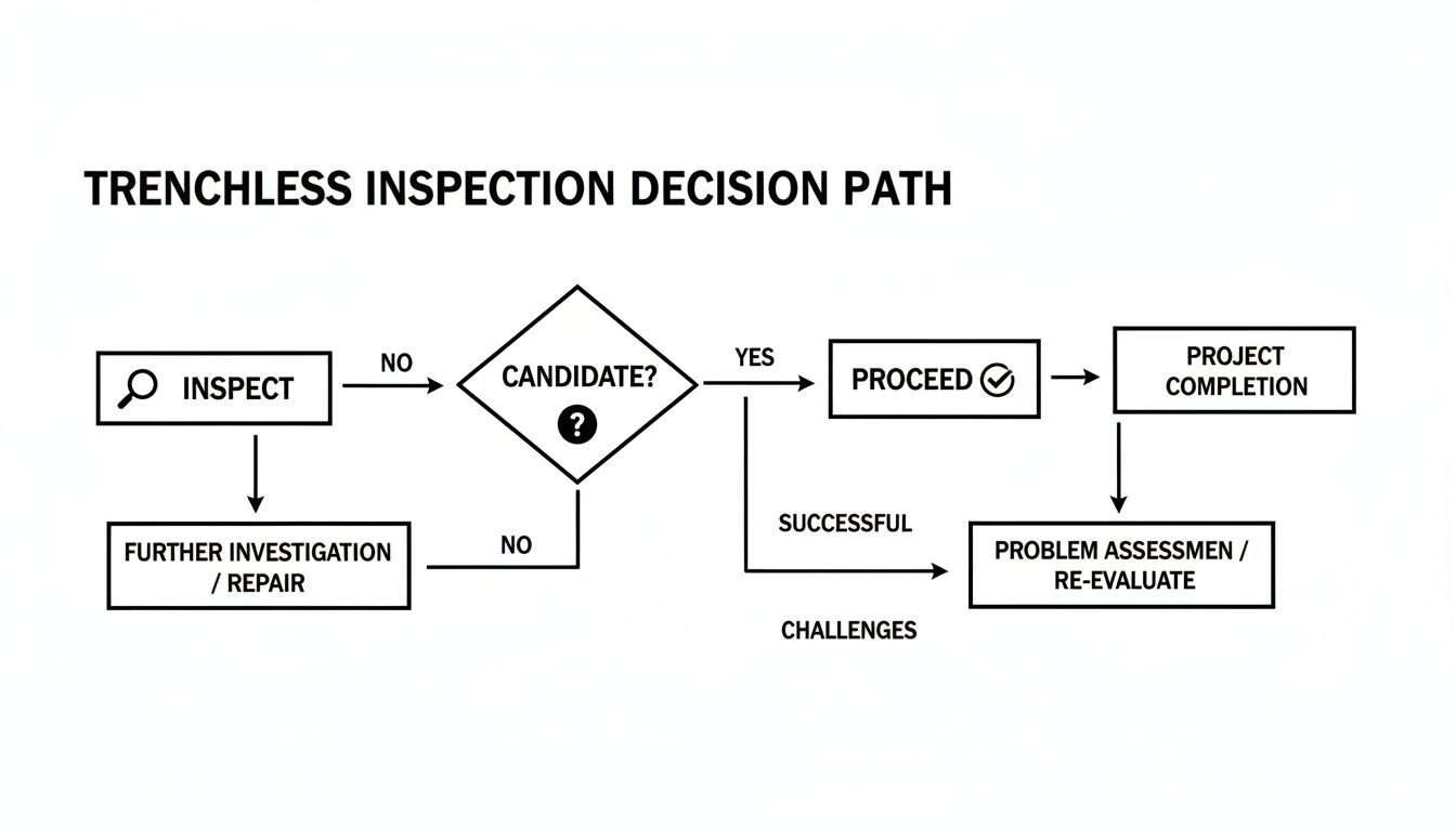 Flowchart illustrating the trenchless inspection decision path from initial inspection to project completion or re-evaluation.