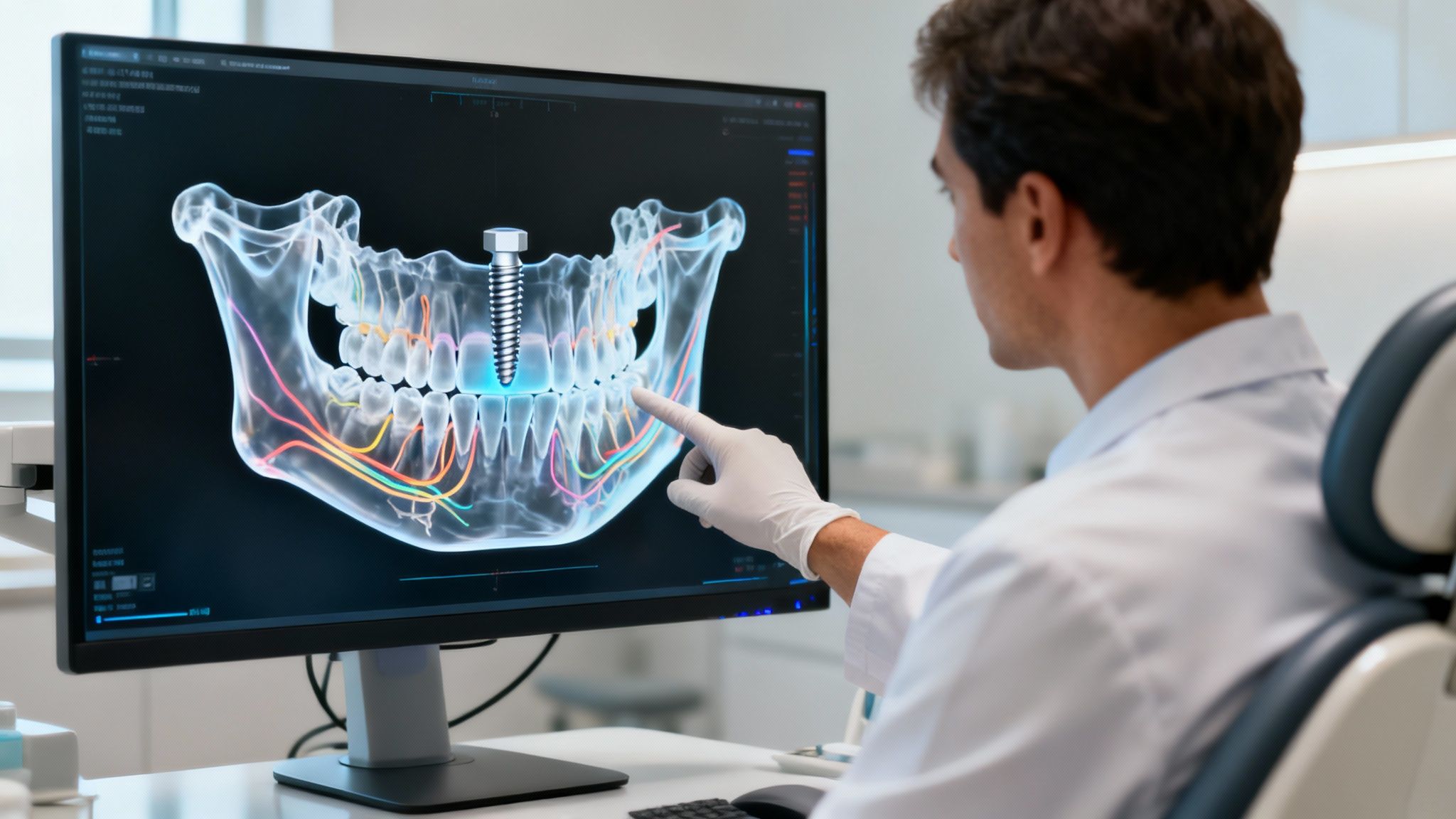 Dentist pointing at a computer screen showing a 3D model of a jaw with a dental implant and nerves.