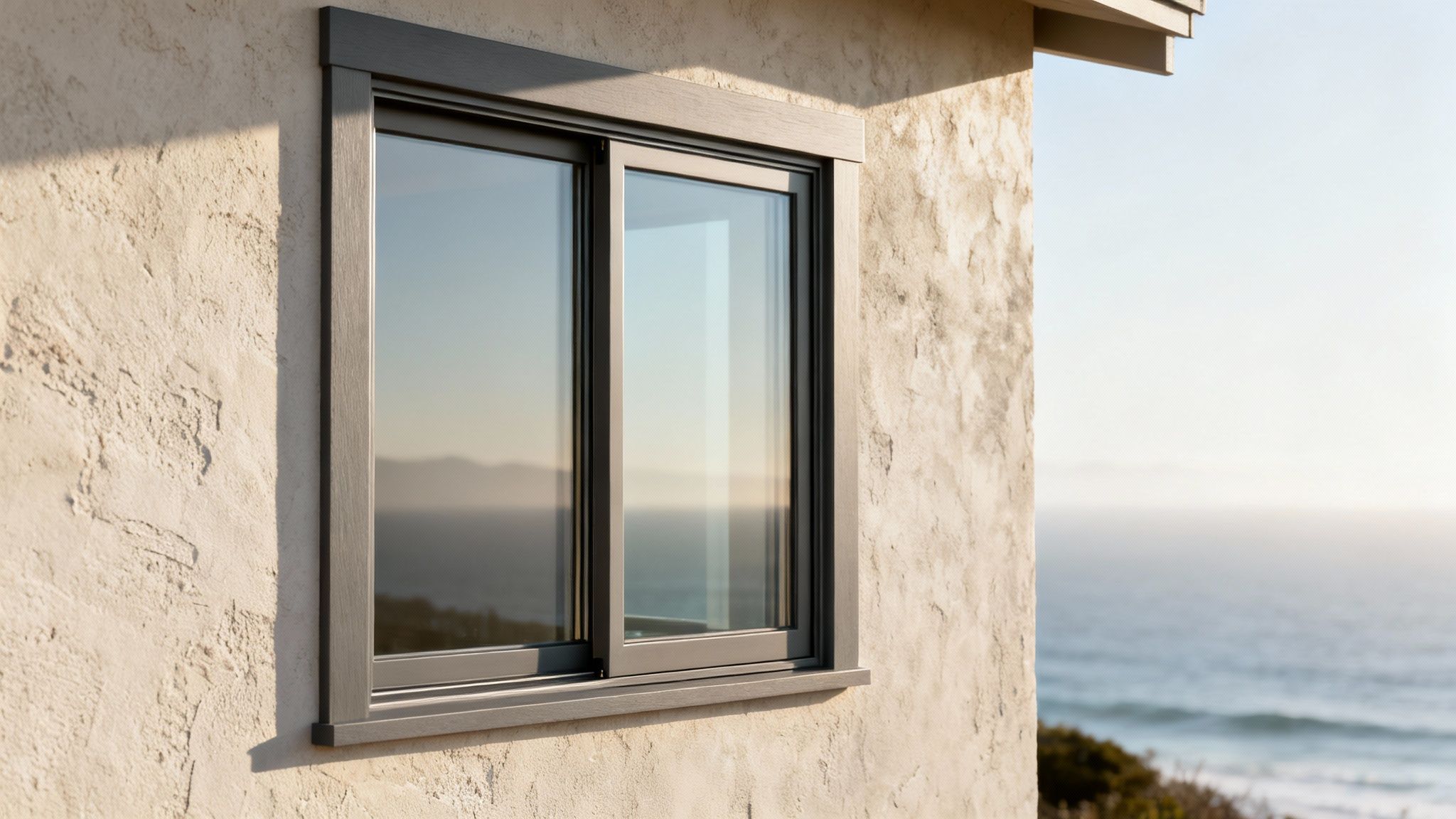 Modern dark gray window on a textured wall, reflecting a sunny sky and distant ocean view.