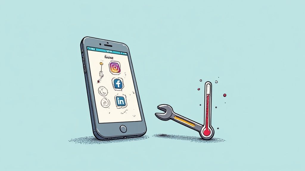 An HVAC technician smiling while checking a smartphone, illustrating the use of social media for business.