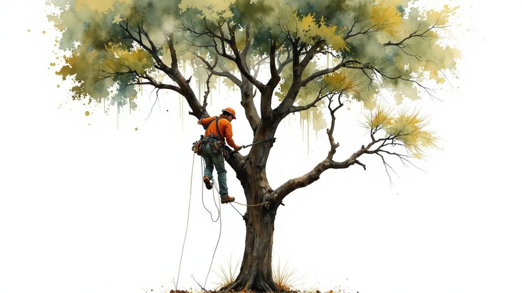 Professional arborist in orange safety gear trimming tree branches with chainsaw while secured by ropes