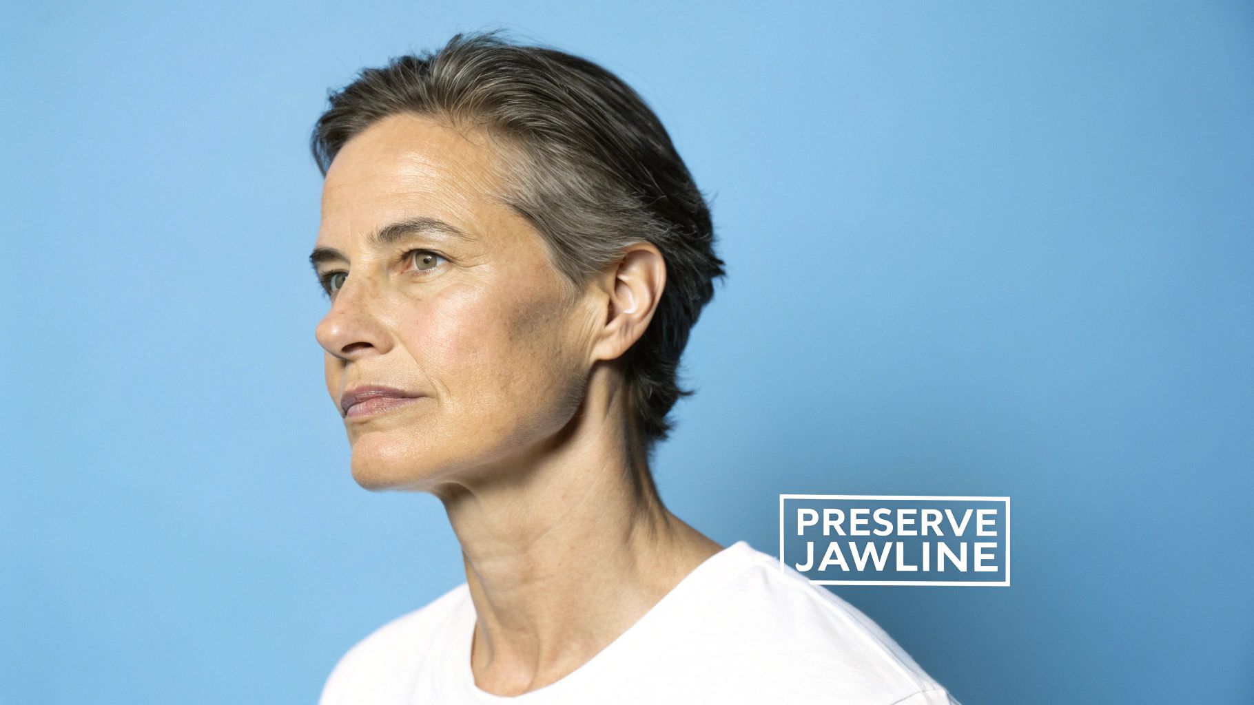 Side profile of a woman with short grey hair against a blue background, text 'PRESERVE JAWLINE'.