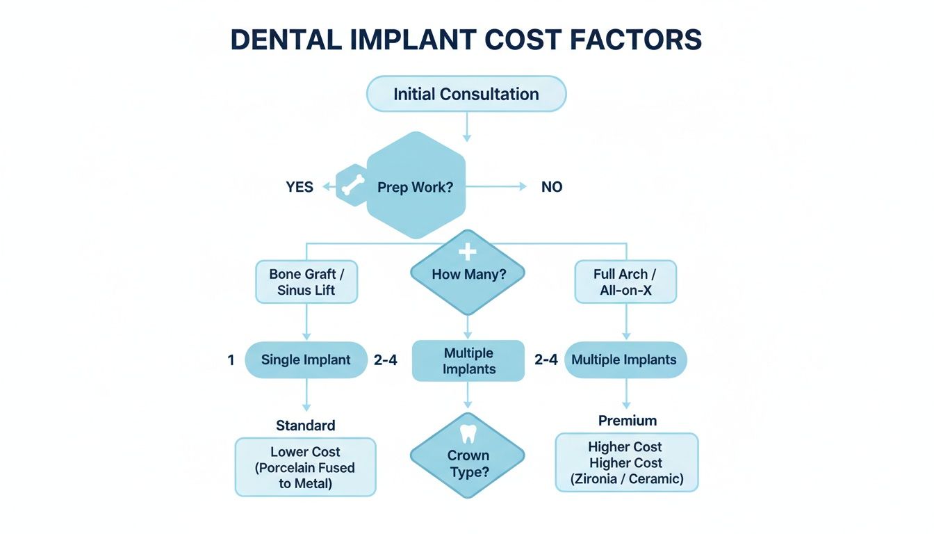 Flowchart illustrating dental implant cost factors, including initial consultation, prep work, number of implants, and crown type.