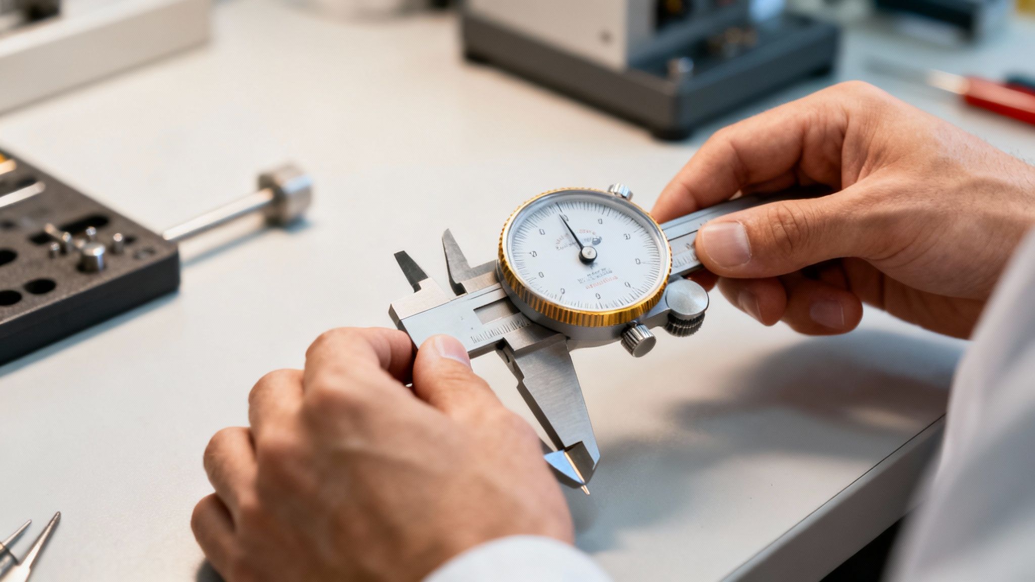 Hands holding a dial caliper for precise measurement of a small component in a professional workshop.