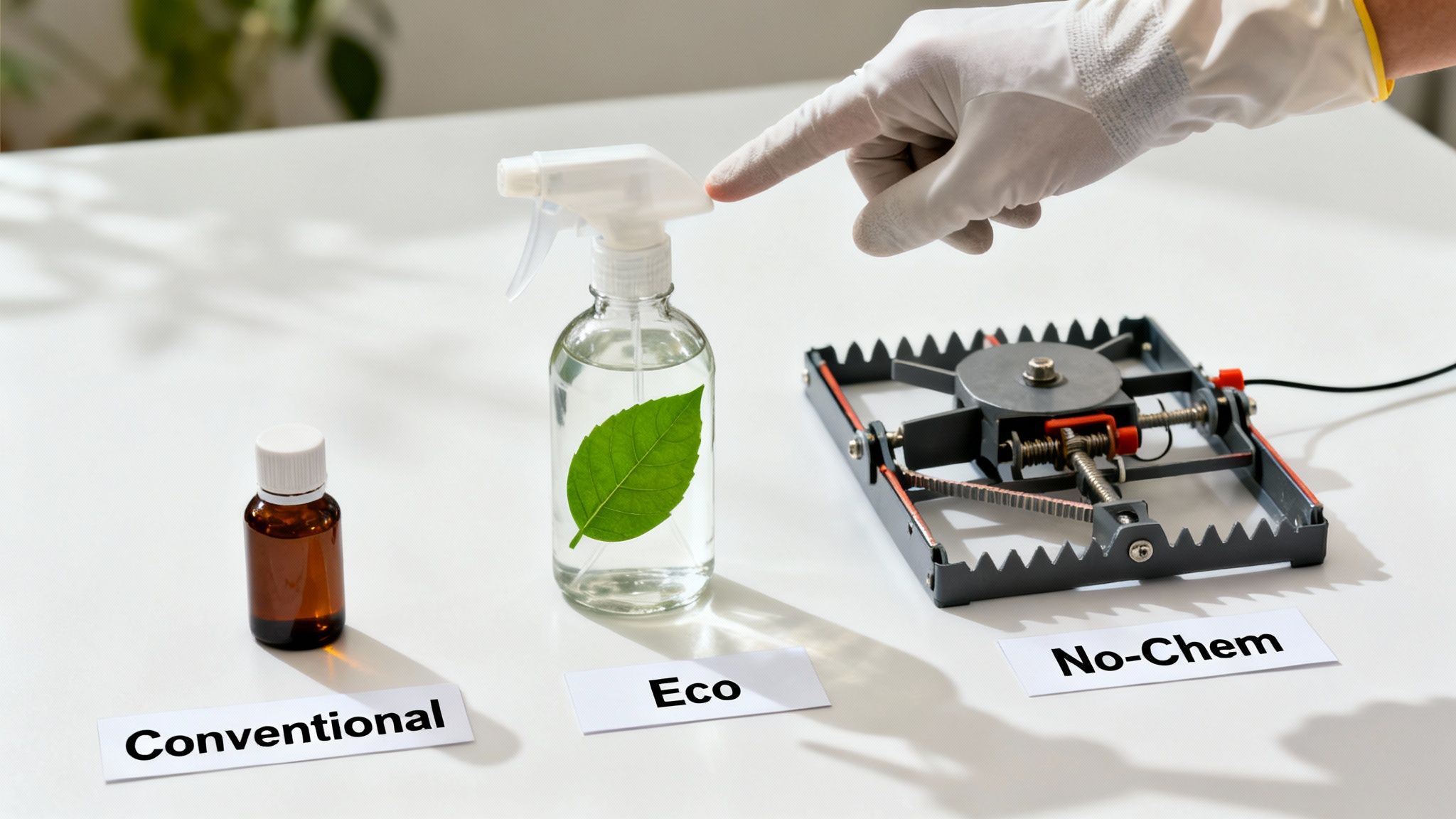 A gloved hand points to an 'Eco' spray bottle, alongside 'Conventional' chemical and 'No-Chem' trap options.