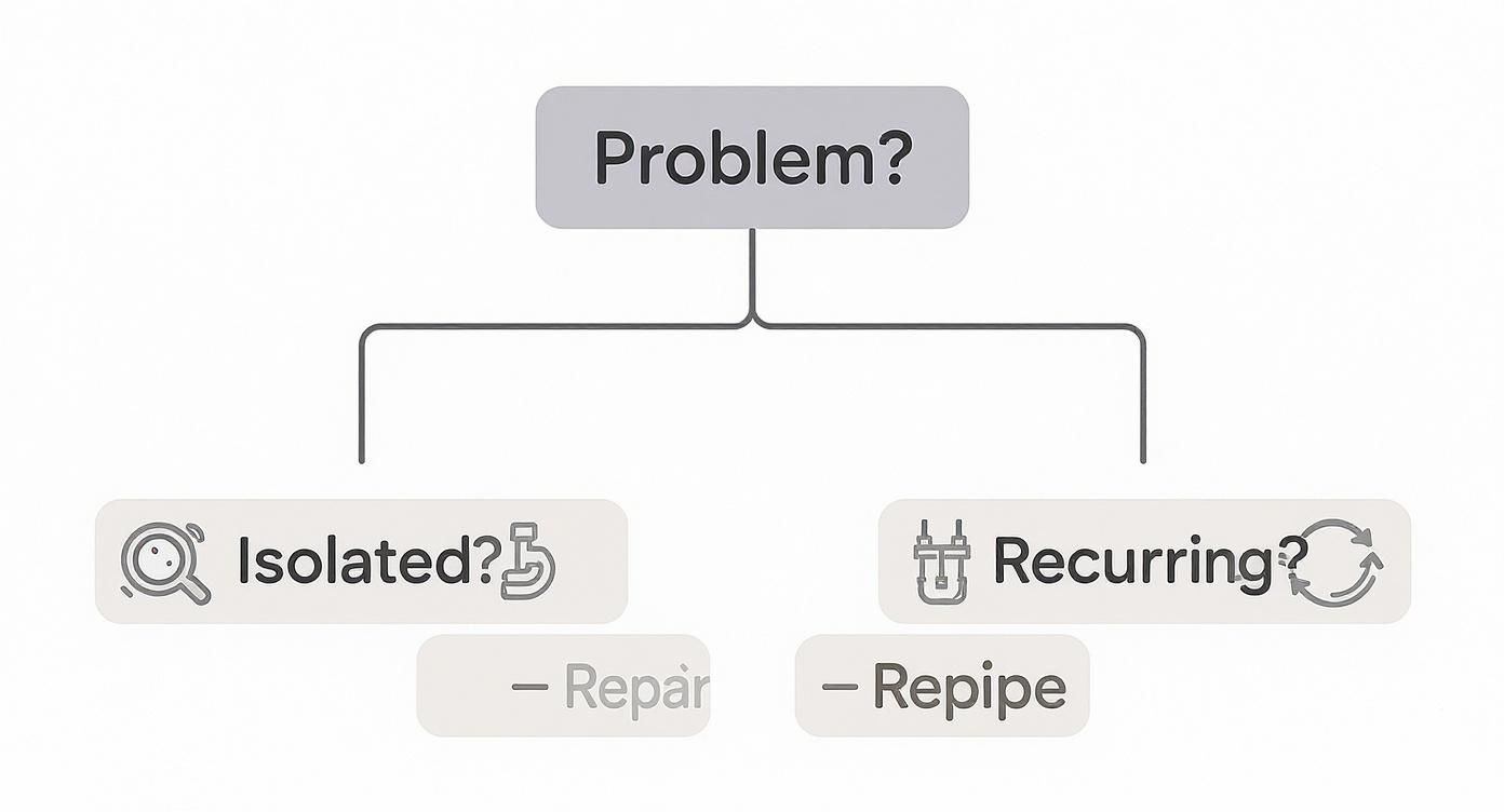 Why More Homeowners Are Choosing to Repipe Instead of Repair - And When You Should Too 2 Infographic decision tree asking if a plumbing problem is isolated (leading to repair) or recurring (leading to repipe).