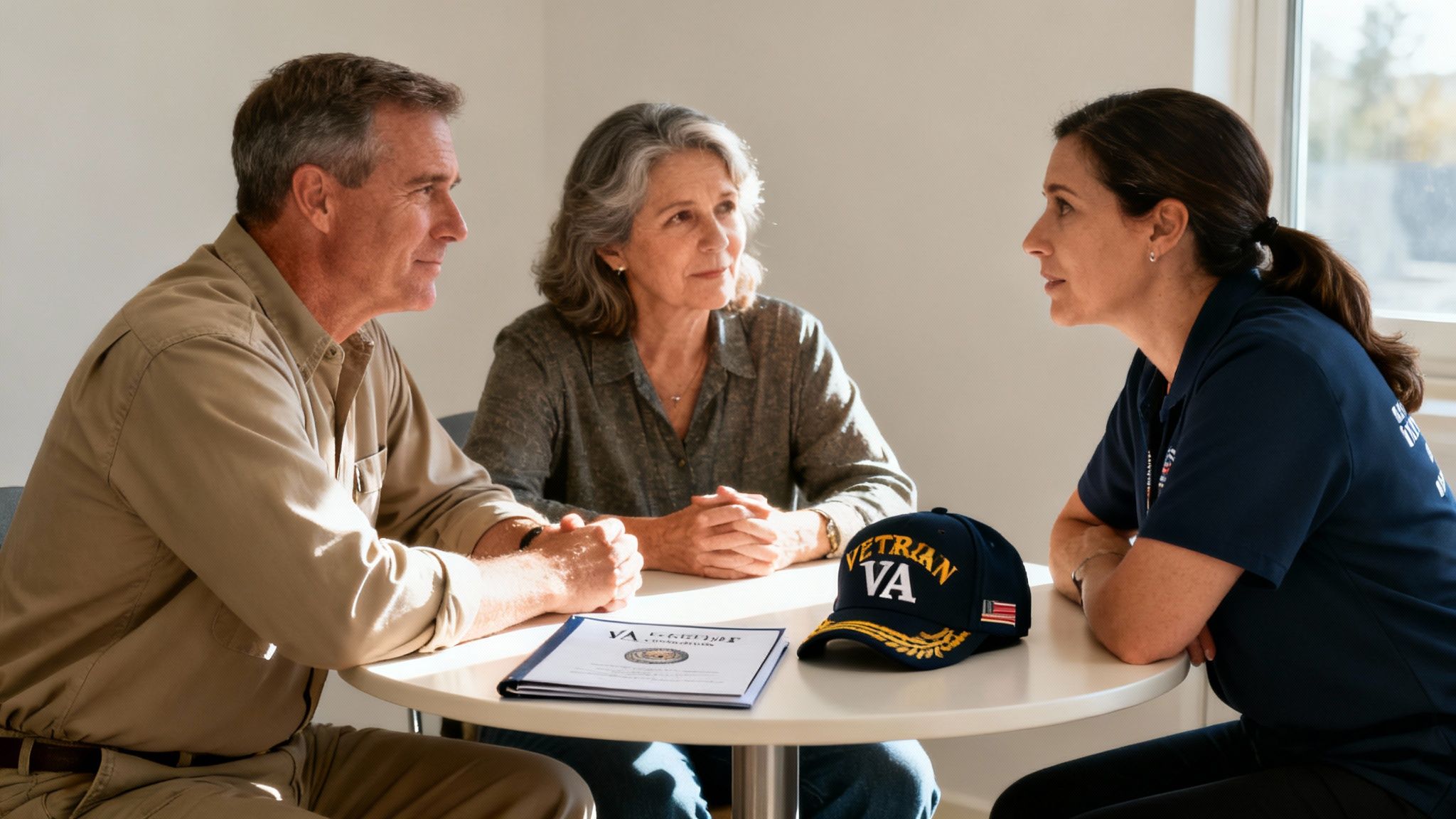 Veteran and spouse discussing care options with a VA representative at a table.