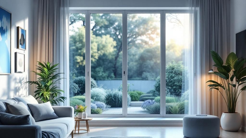 A comfortable, bright living room with large, energy-efficient windows letting in natural light.