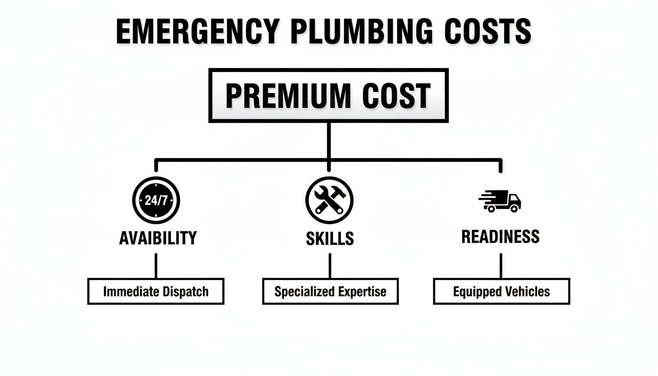 Flowchart illustrating emergency plumbing costs driven by availability, skills, and readiness factors.