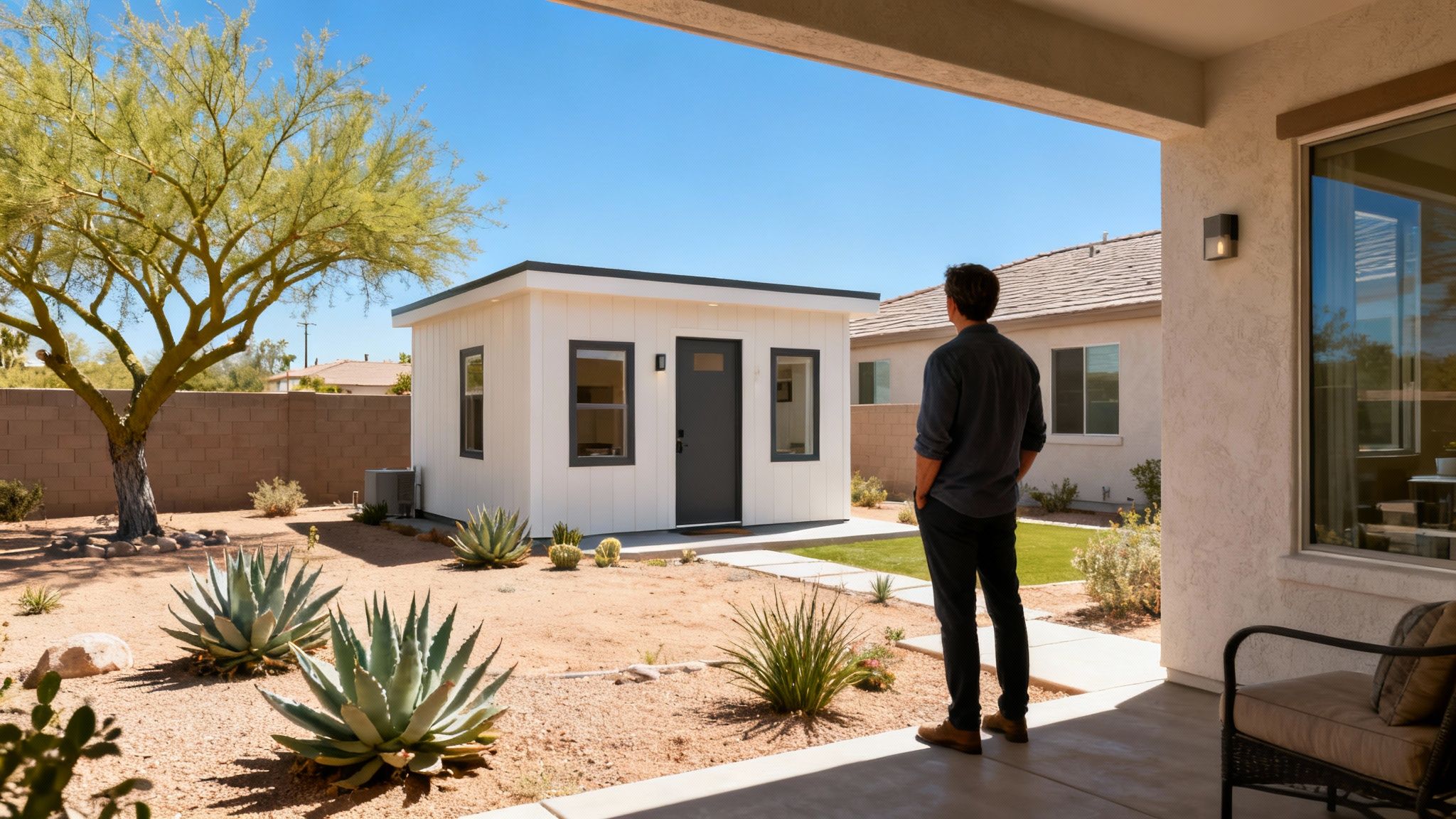 Man on a patio observing a modern white backyard ADU amidst desert landscaping.