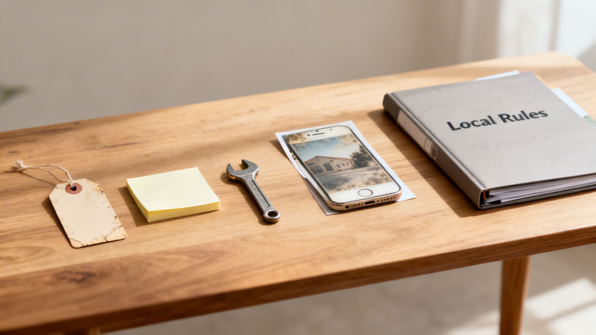 A flat lay of a wooden table with a price tag, sticky notes, wrench, smartphone, and a 'Local Rules' binder.