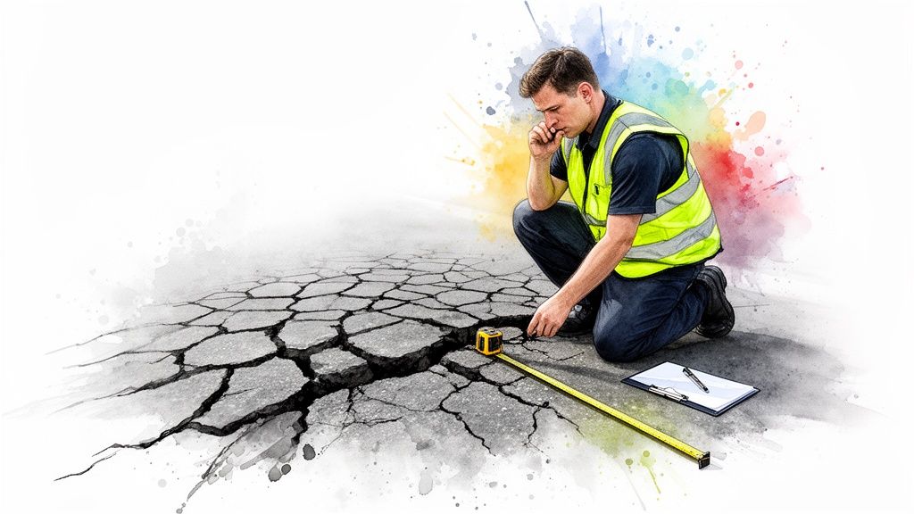 A man in a safety vest measures a wide crack in asphalt pavement with a tape.