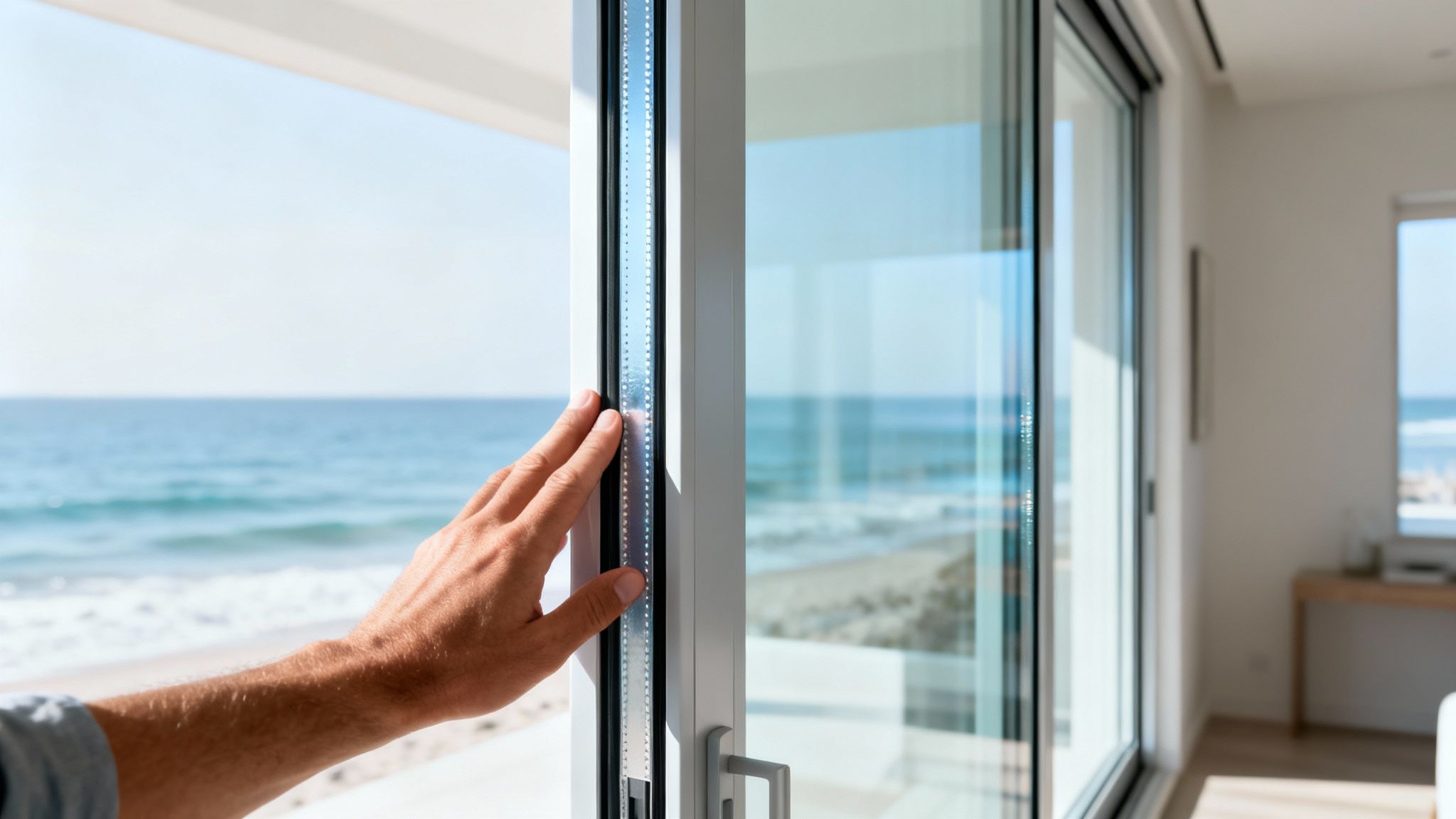 A person's hand slides open a modern glass door to a beautiful ocean view.