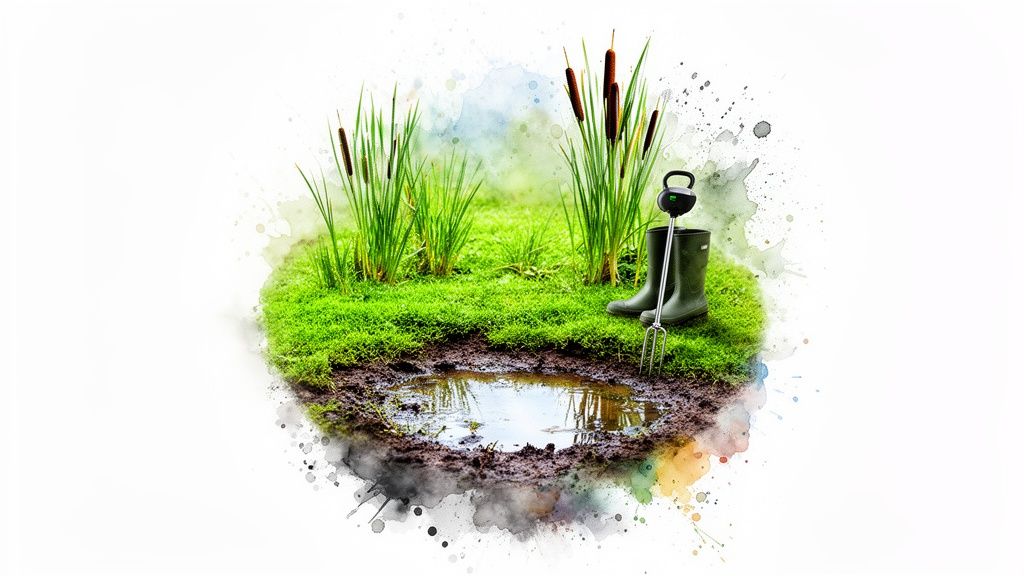 Green grass patch with cattails, muddy puddle, wellington boots, and garden fork, artistic watercolor effect.