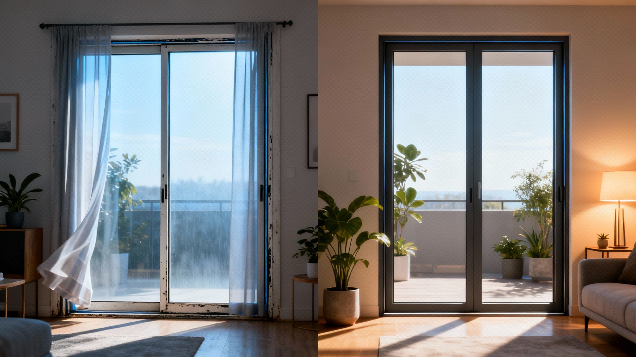 Before and after comparison of old sliding doors and new, modern glass doors.