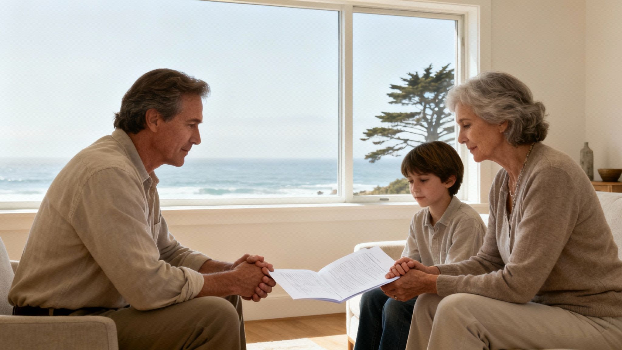 A compassionate healthcare professional discusses care options with an older patient in a bright, comfortable room.