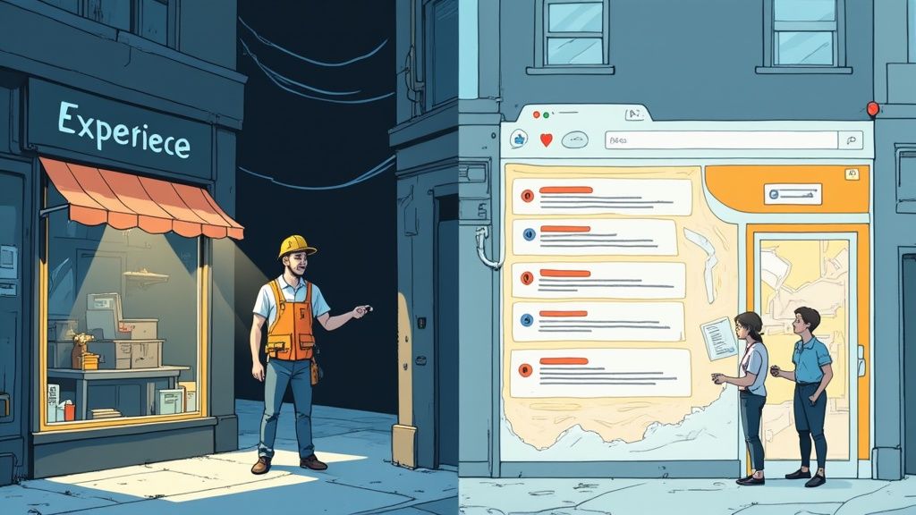 A contractor stands by an 'Experience' shop while two people view an online contractor platform.