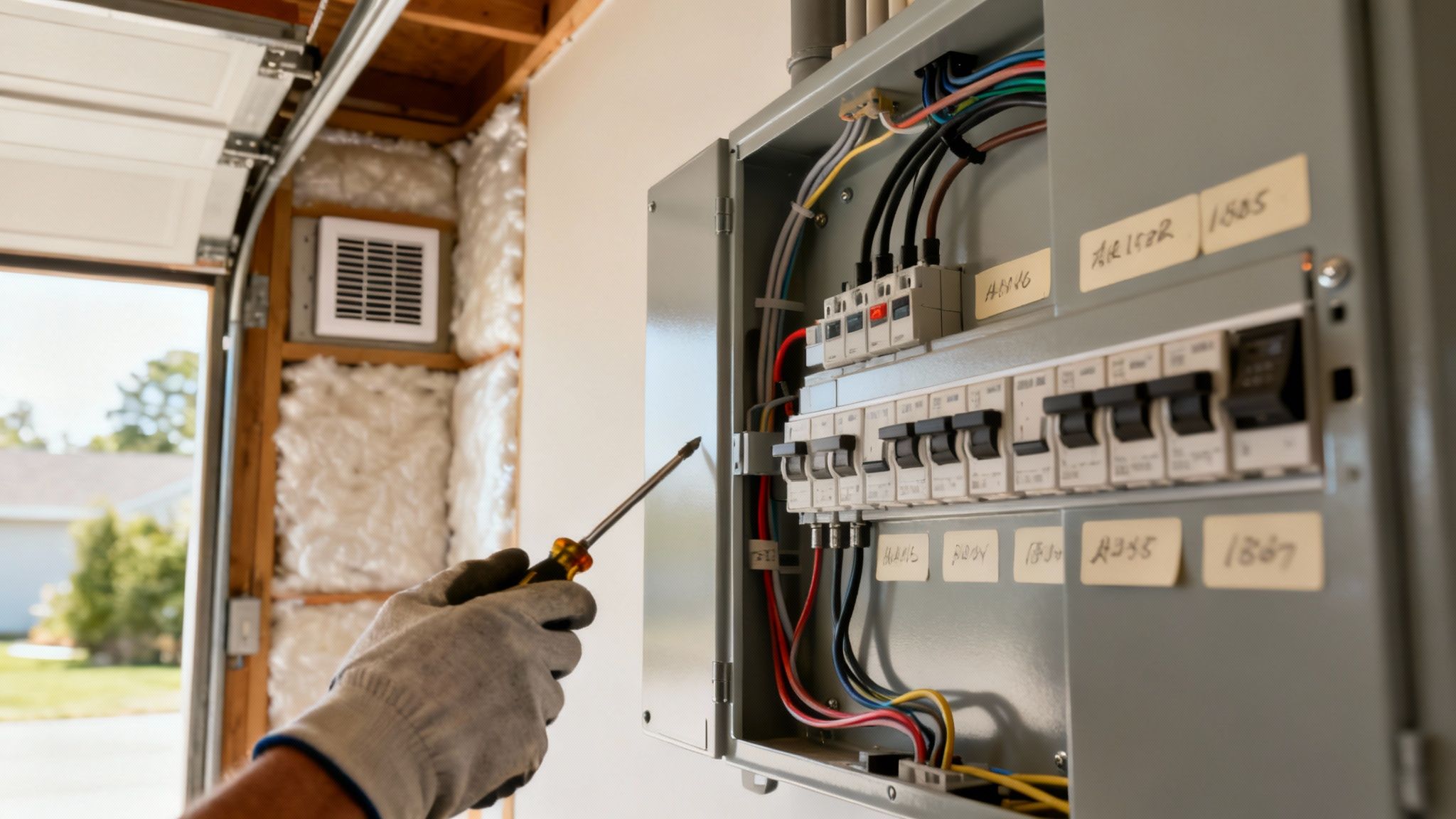 An electrician installing a new, upgraded electrical panel in a home under renovation.