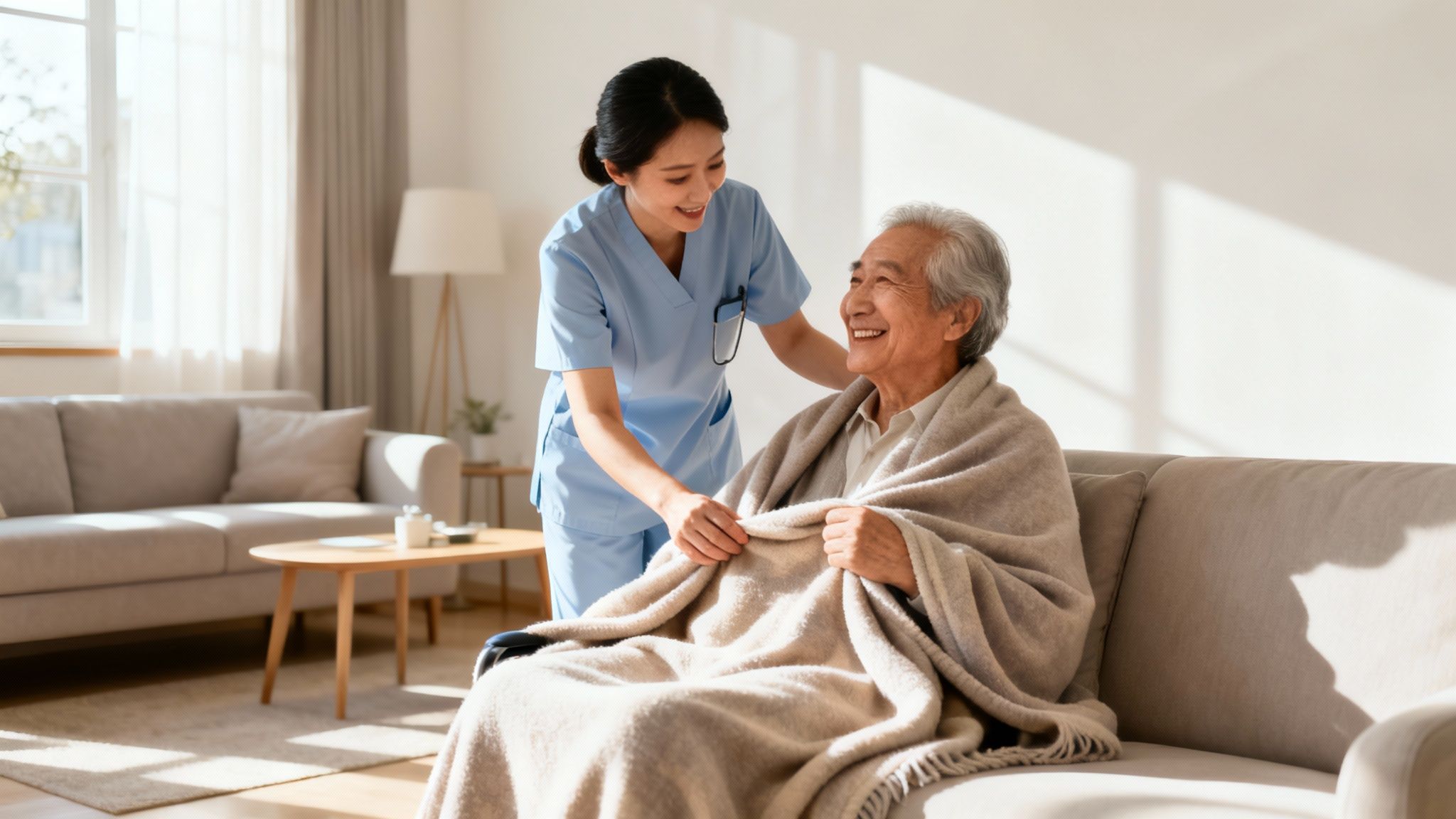 Smiling Asian caregiver helps an elderly man with a blanket on a couch in a bright living room.