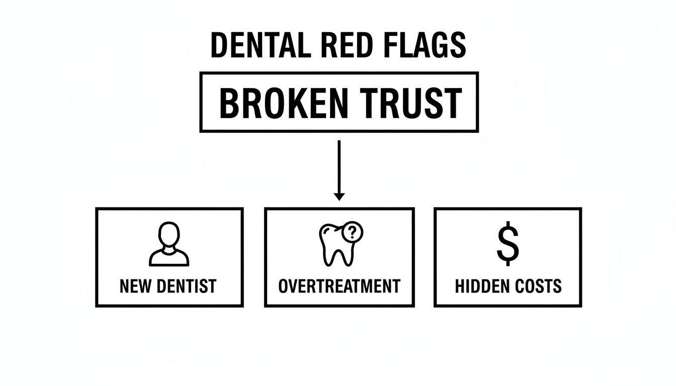 Flowchart outlining dental red flags like new dentists, overtreatment, and hidden costs leading to broken trust.