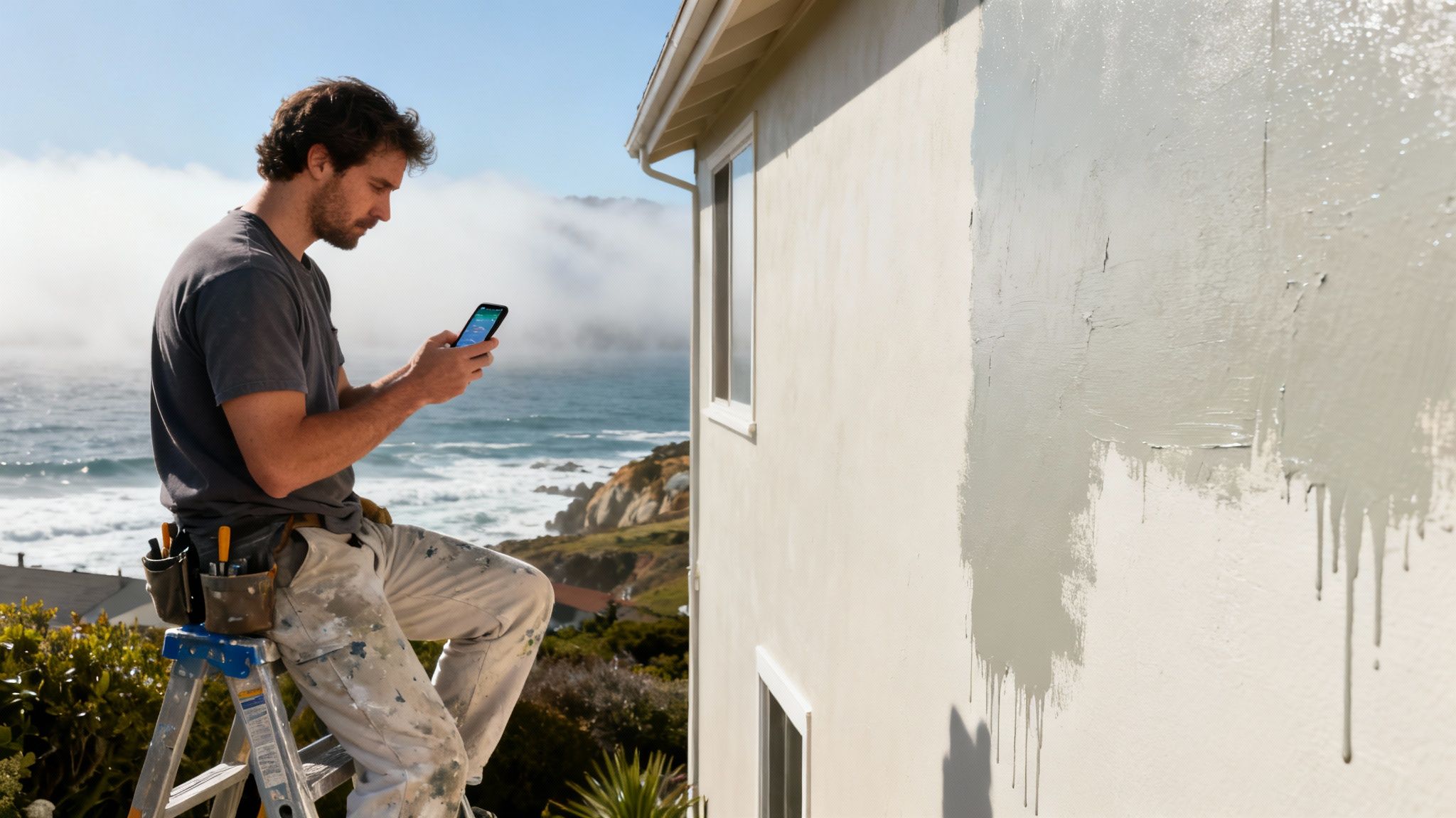 Painter on a ladder using a smartphone while painting the exterior of a coastal home.