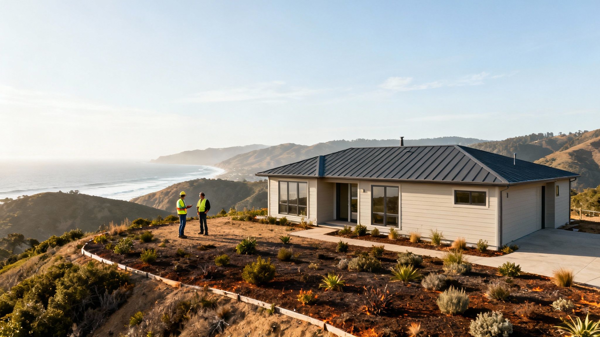Two construction contractors discuss plans on a hillside overlooking a modern house and the ocean.