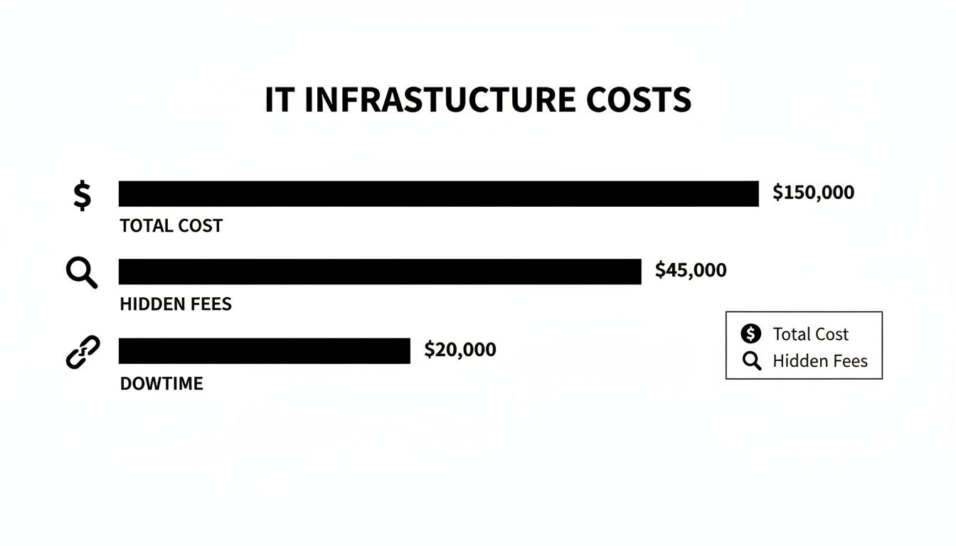 Bar chart illustrating IT infrastructure costs: Total Cost $150,000, Hidden Fees $45,000, Downtime $20,000.