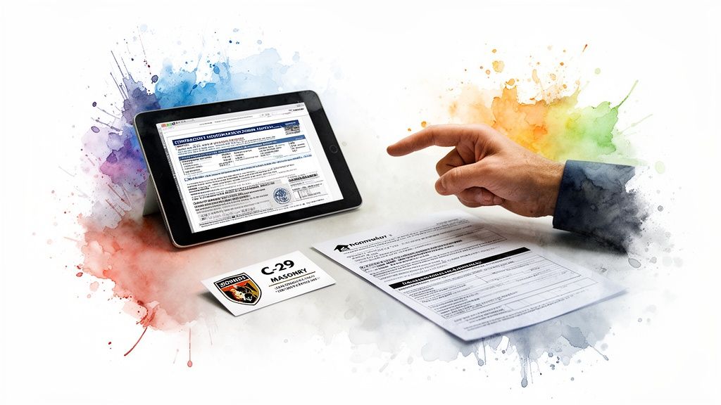 Hand pointing at a tablet displaying contractor documents, next to a physical form and a 'Masonry' card.