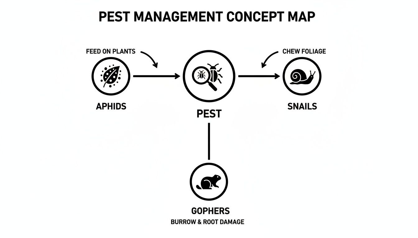 A concept map illustrating pest management, identifying aphids, snails, and gophers as common pests.