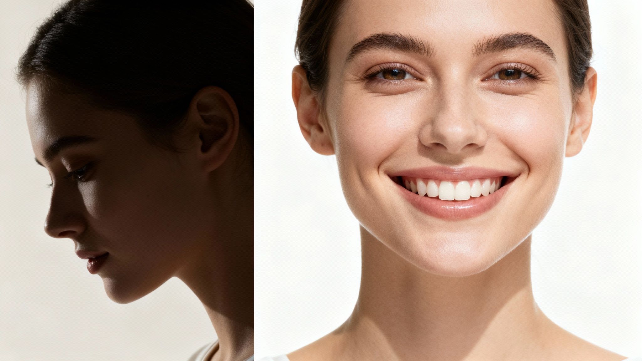 Split image of a young woman, left profile shadowed, right side smiling brightly with perfect teeth.