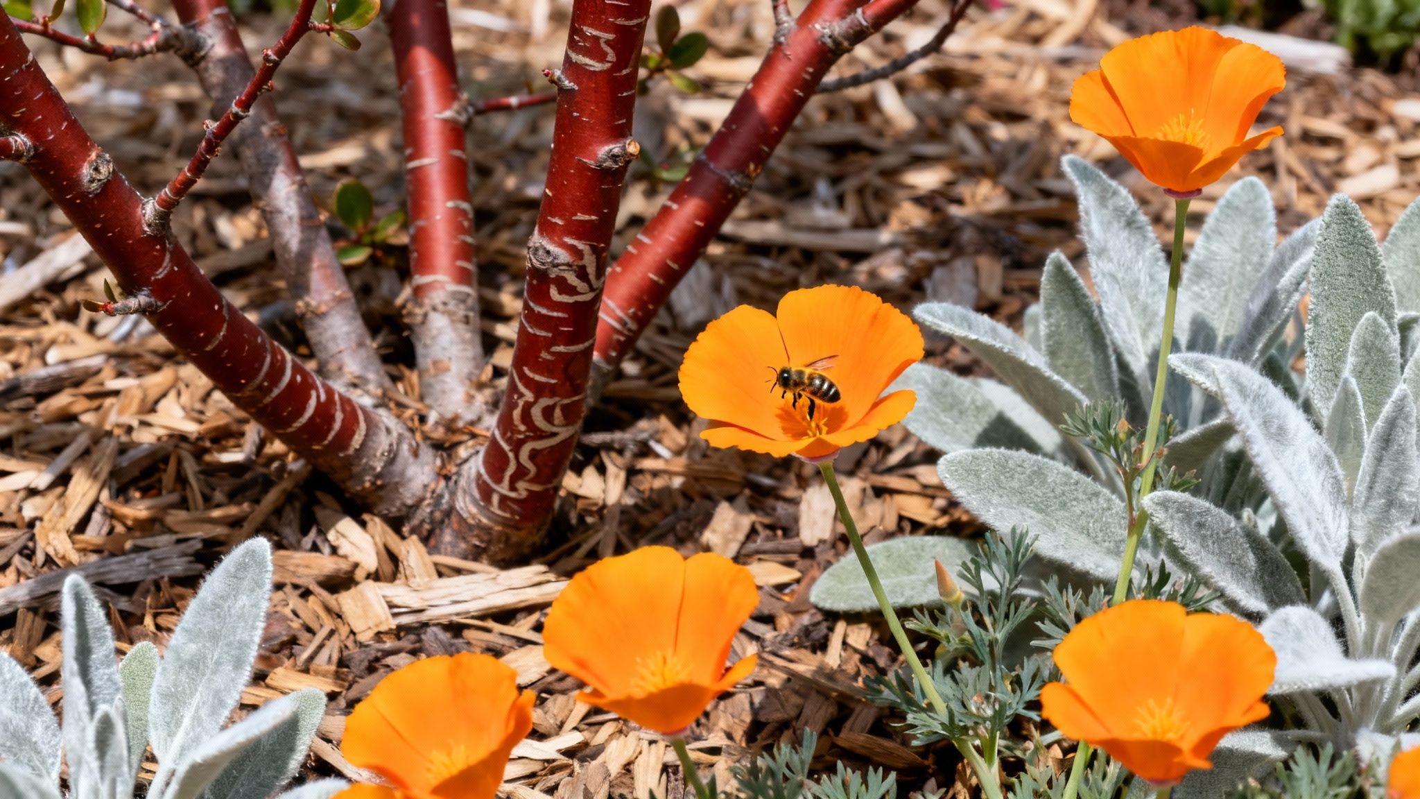 Lush California garden with native, drought-tolerant plants in bloom