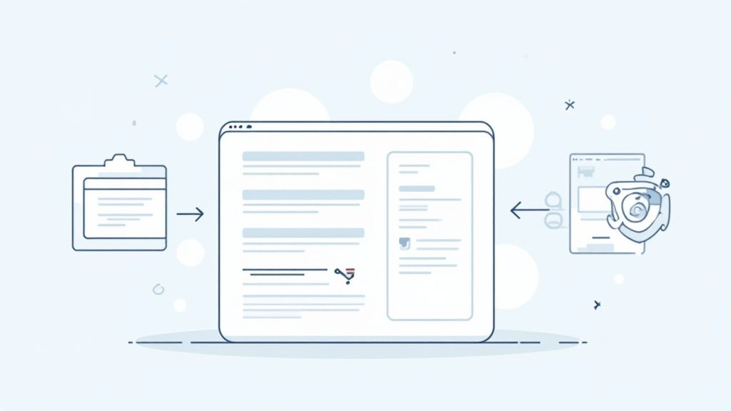 Web browser interface showing content management system with document workflow and optimization icons illustration