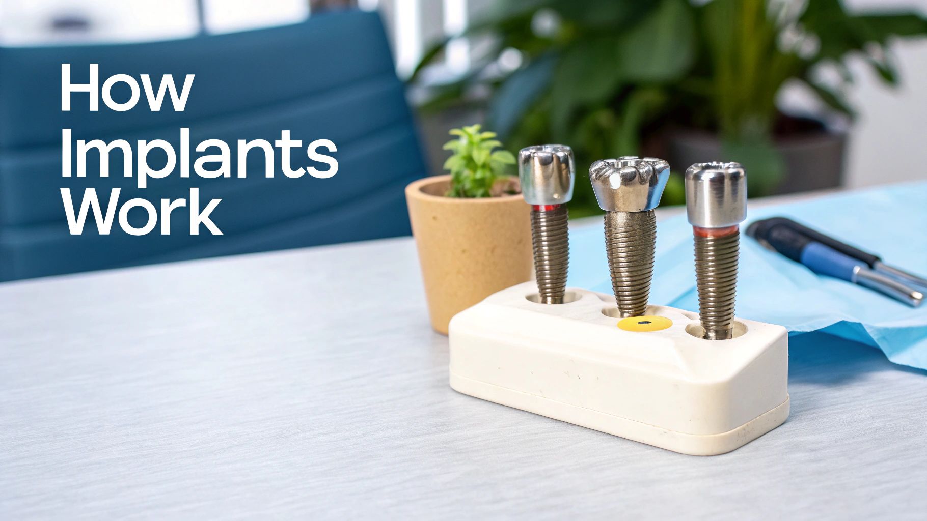 Three dental implant models displayed on a table with overlaid text 'How Implants Work'.