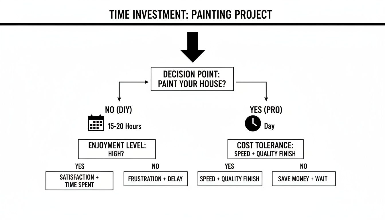 A flowchart titled 'Time Investment: Painting Project' guides decisions for DIY or hiring pros.