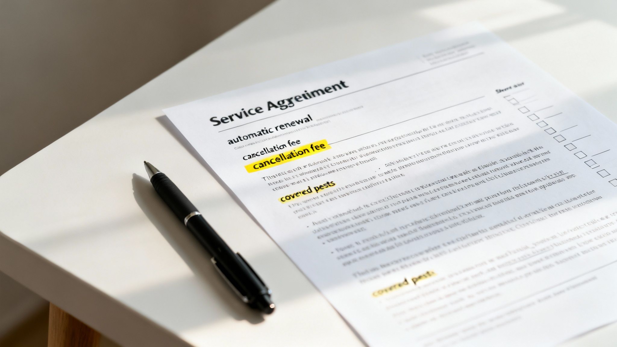 Service agreement document showing highlighted cancellation fee and covered pests, with a pen on a white desk.
