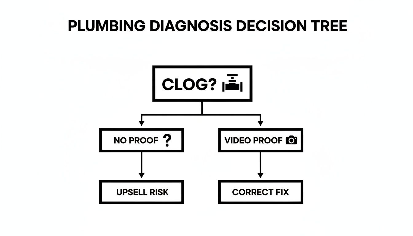 A plumbing diagnosis decision tree flowchart outlining steps for diagnosing clogs with or without video proof.