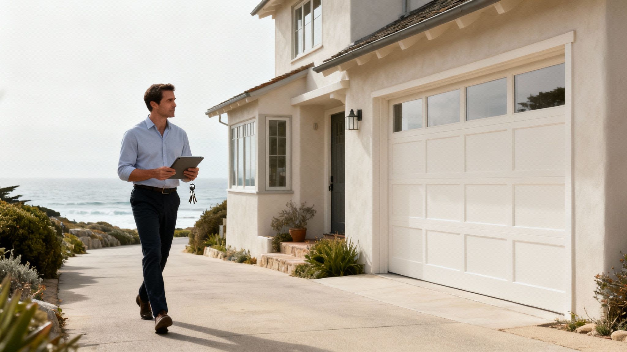 A man with a tablet and keys walks up a driveway towards a modern beachfront house with a garage.