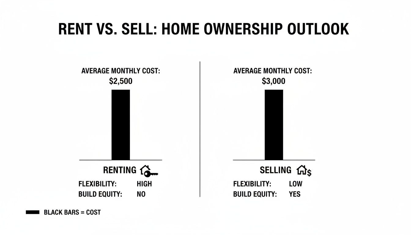 An infographic titled 'Rent vs. Sell: Home Ownership Outlook' comparing average monthly costs, flexibility, and equity.